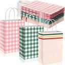 Kolldenn 36 Pcs Gingham Camp Paper Bag Gingham Party Supplies Pink Green Plaid Checkered Goodie Bags with Handle for Graduation Camp Bachelorette Baby Shower Wedding Birthday Party Favor Supplies