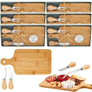 6 Set Bridal Baby Shower Cheese Prizes Wooden Square Board Gift Set Knives Forks Thank You Tags with Box for Guests for Valentines Bridal Baby Shower Housewarming Gifts (Bamboo Color)