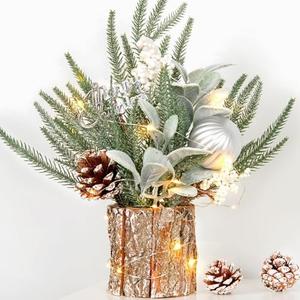 Small Table Top Christmas Tree with Lights, Mini Christmas Tree Decorations with Merry Christmas Pumpkin Pine Cones Norfolk Pine Stems Ornaments for Home Party Office Indoor Decorations 12Inch, Brown
