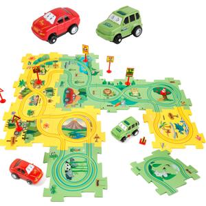 Plastic Floor Puzzles for Kids Ages 3-5 with 2 Cute Vehicles, Race Tracks for Kids 3-5, Puzzle Racer Kids Car Track Set, Toys for 3 4 5 6 Year Old Boys Girls, STEM Toys for Kids