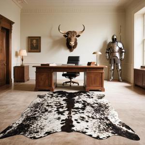 Faux Cowhide Rug, 4.6 x 5.2 ft Cowhide Rug for Living Room, Bedroom, Wall - Non-Slip,Brown White