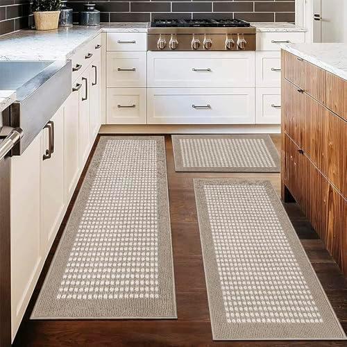 Ileading Kitchen Mat Sets 1 Piece Minimalist 3D Lattice Kitchen Floor Rugs with Non Slip Rubber Backing Machine Washable Farmhouse Runner Rugs for Laundry Hallway Doormat(Beige), 58"x19