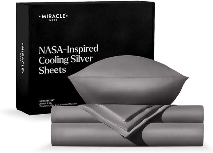 Miracle Made Luxe Soft Cotton Bed Sheet Set, 5-Piece Silver-Infused Cooling Fabric Lightweight, Hypoallergenic Bedding for Hot Sleepers, Split King Size (Grey, Luxe)