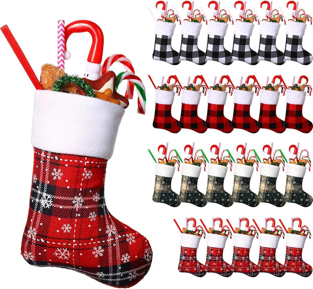 Honoson 72 Pieces 7 Inch Christmas Stockings Bulk Mini Buffalo Plaid Stocking Classic Stocking Red and Green Plaid Design Small Christmas Stockings Rustic Socks for Xmas Holiday Decorations