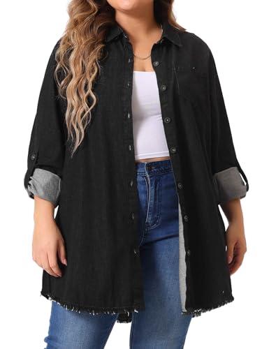 Agnes Orinda Plus Size Shirts for Women Chambray Top Button Down Denim Shirts Tops 2025 3X Black