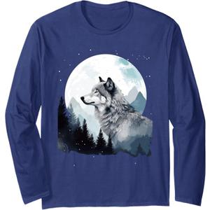 Arctic Grey Timber Wolf Under The Moon & Stars Design Long Sleeve T-Shirt, Large