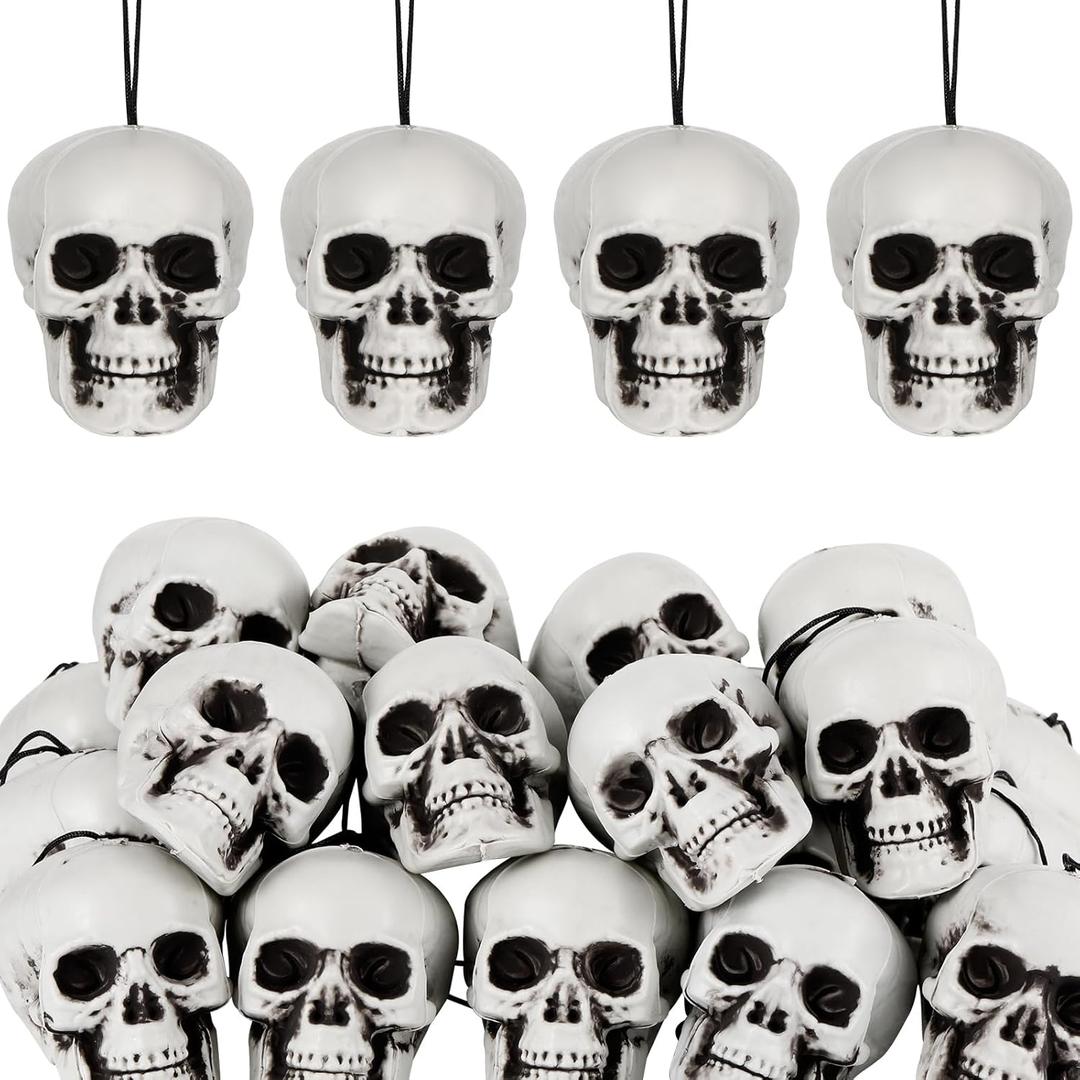 Lenwen 24 Pcs Horror Christmas Skull Hanging Tree Ornament Decor Plastic Mini Halloween Skulls Head Small Skeleton Head Decoration Hanging Ornament for Xmas Holiday Party Supplies (1.8x1.8x2.4'')
