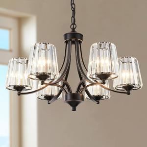 Chandeliers 6-Light Modern Pendant Ceiling Light Flush Mount Farmhouse Hanging Lamps with Crystal Shades Oil Rubbed Bronze for Foyer Bedroom Dining Living Room Hallway Kitchen Indoor