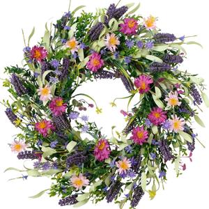 22 Inch Spring Summer Flower Wreaths for Front Door, Artificial Colorful Floral Door Wreaths with Lavender Daisies Green Leaves Farmhouse for Inside Outside Home Window Weeding Decor