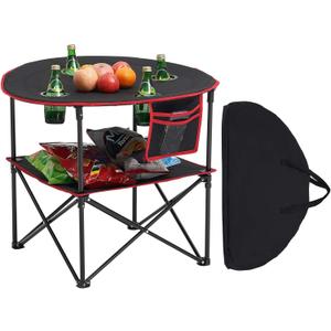VEVOR Folding Camping Table, Portable Outdoor Lightweight Picnic Table, 600D Oxford Fabric Waterproof Canvas Travel Beach Tables, with 4 Cup Holders, Carry Bag, for Tailgating Camping Picnic, Black, Round, 28.3-inch Diameter
