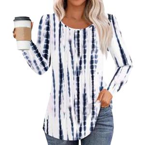 LOVESHOOT Womens Long Sleeve Blouse Fall Dressy Casual Pleated Crew Neck Shirts Floral Bohemian Tunic Tops (XL)