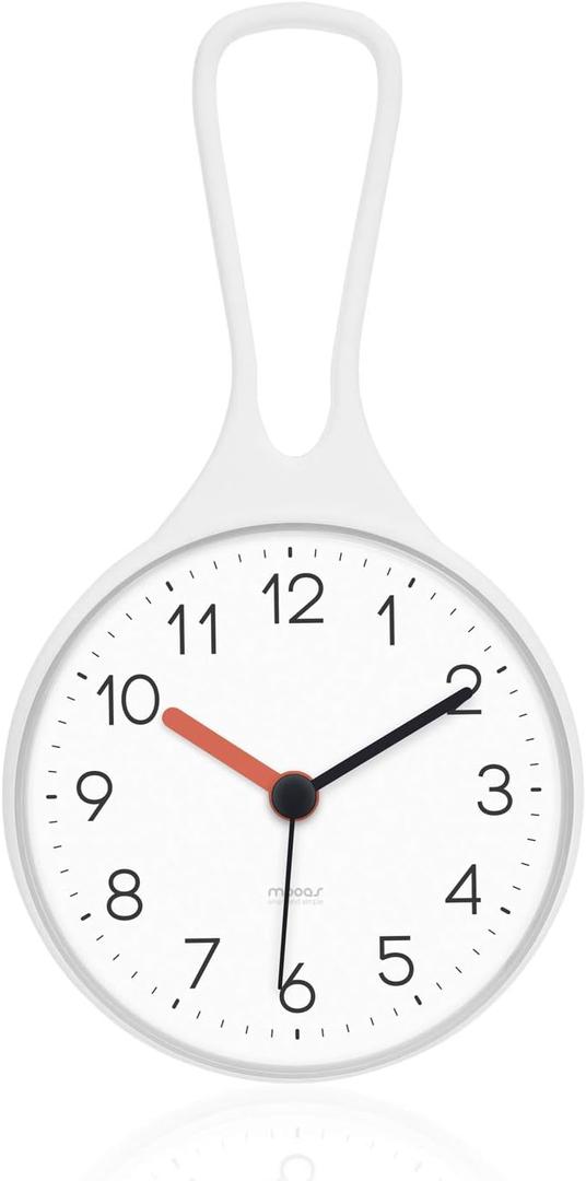 Mooas Loop Bathroom Clock (White, 3.16 x 1.31 x 6.02 inch), Waterproof Shower Clock, Kitchen Clock, Non-Ticking Battery Operated