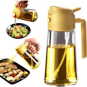TrendPlain 16oz/470ml Glass Olive Oil Sprayer for Cooking  2 in 1 Olive Oil Dispenser Bottle for Kitchen Gadgets and Air Fryer Accessories, Salad, BBQ - Yellow