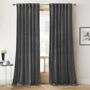 RYB Home Velvet Curtains for Living Room - Super Soft Luxury Back Tap Velvet Textured Window Drapes Room Darkening Thermal Insulated Panels for Bedroom Home Office, Grey, W52 x L96 inches, 2 Pieces