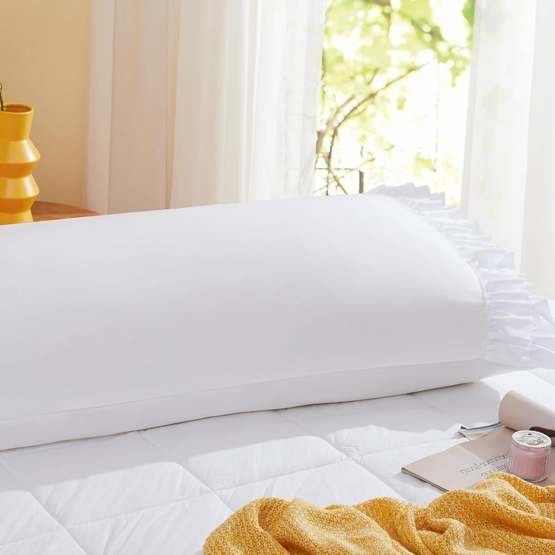Vonty 2Pcs Ruffled Pillow Cases Body Pillowcases(20x54), Decorative Ruffle Pillowcases - White Body Pillow Cases Set of 2, Scalloped Euro Sham Farmhouse Pillow Shams with Envelope Closure
