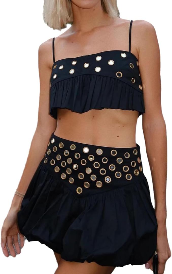 Wuitrie Women 2 Piece Outfits Sleeveless Crop Top Mini High Waisted Pleated Skirt Set for Summer Party Club Going Out (Black, S)