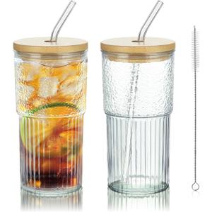 Joeyan 24 oz Clear Glass Tumbler with Straw and Bamboo Lid,Ribbed Large Glasses Cups for Iced Tea Coffee Smoothie Water Juice Beverages Soda,Thickened Drinking Jar,Set of 2,Dishwasher Safe, Medium 
