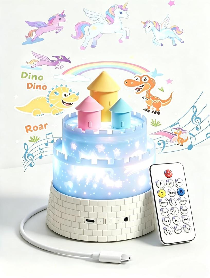 Projection Night Lights for Kids, 3-in-1 Carousel Star Nightlight for Bedroom, 23 Soothing Films with 12 Lullabies, Portable Rechargeable 1800mAh Rotating Night Light with Remote, Auto-Off Timer