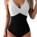 Eomenie Women's One Piece Swimsuits Tummy Control Ruched Push Up Bathing Suit Tie Back Slimming Swimwear White and Black, XL