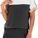 Dokotoo Women's 2 Piece Outfits Loungewear Colorblock Short Sleeve Womens Tops Elastic Waist Shorts Ribbed Knited Sets (Black White) S