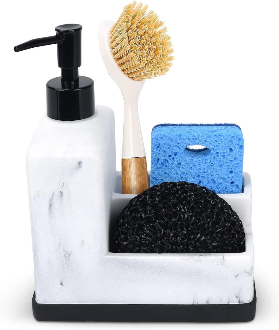 Dish Soap Dispenser with Sponge Holder,White Marble Look Liquid Hand and Dish Soap Dispenser and Spong Caddy with Brush Holder 3 in 1 Countertop Organizer for Kitchen Sink and Bathroom,White