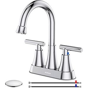 Bathroom Faucets for Sink 3 Hole, Hurran 4 inch Chrome Bathroom Sink Faucet with Pop-up Drain and Supply Hoses, Stainless Steel Lead-Free 2-Handle Centerset Utility Faucet for Sink Vanity RV
