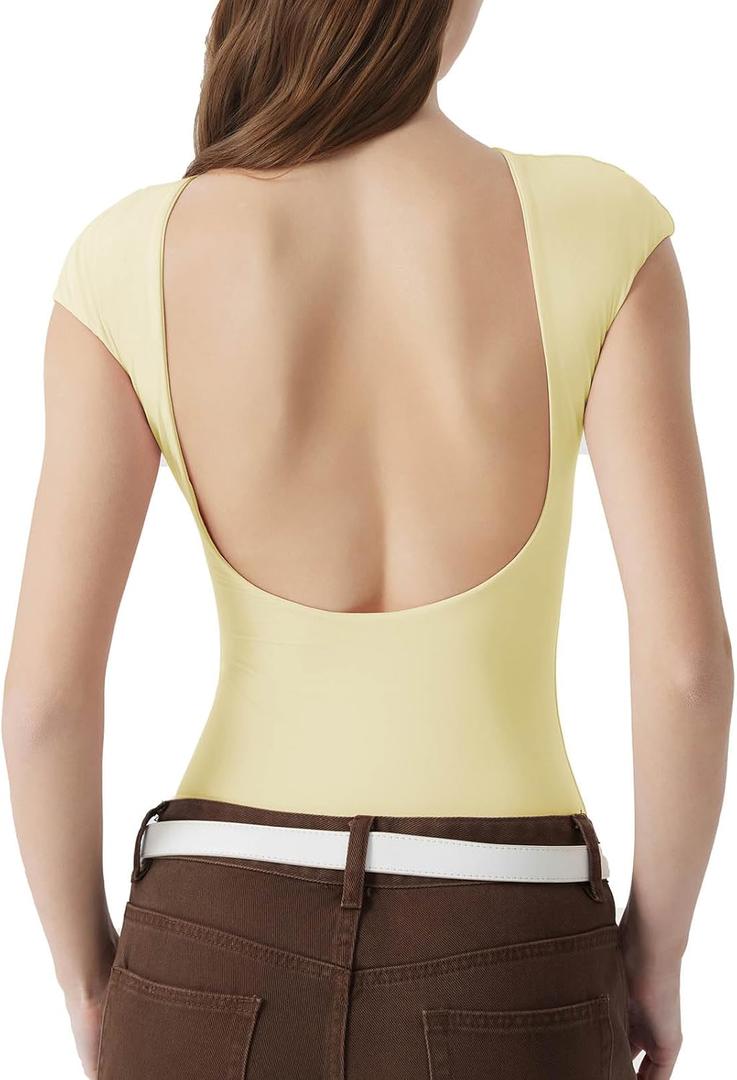 SUUKSESS Women Backless Y2k Short Sleeve Bodysuit Double Lined Open Back Sexy Basic Top