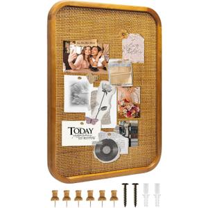 20" x 30" Bulletin Board, Round-Edged Rectangle Cork BoardWooden Frame with Boho Style Rattan Wall Organizer, 5075Teng