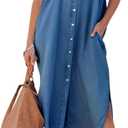 Chouyatou Women's Summer Loose Hand Pocket Midi Long Tunic Denim Shirt Dress (Large, Dark Blue)