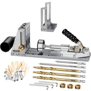 Pocket Hole Jig Kit, Professional Metal Pocket Screw Jig System with Detachable Vacuum Adapter, Sharp and Durable 3/8" Titanium Drill Bits (3-Pack, 2025 Upgraded), Fits 1/2" to 3-1/8" Thick Wood