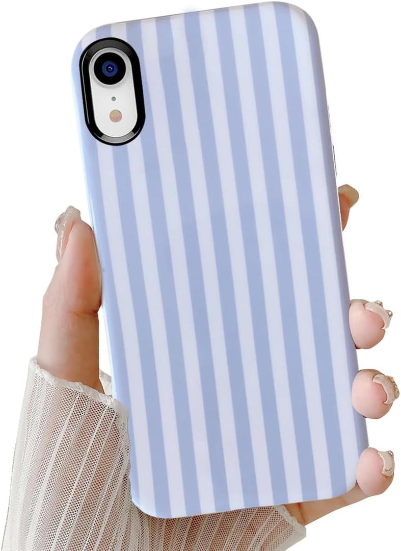 Cute Case for iPhone XR, Striped Phone Case, Aesthetic Pattern Design, Hybrid 2-Layer Shockproof Protective Cover for Girls Women (Blue,XR)