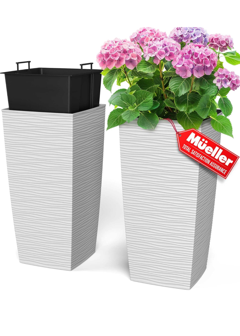 Mueller M-Resin Heavy Duty Tall Planters for Outdoor Plants, Indoor Grande Plant Pots, Boxes, Trees, Flower Pots, 2-Piece Set, 24”, Modern Design, Built-in Drainage, Front Porch Decor, White 3,4 Gallon