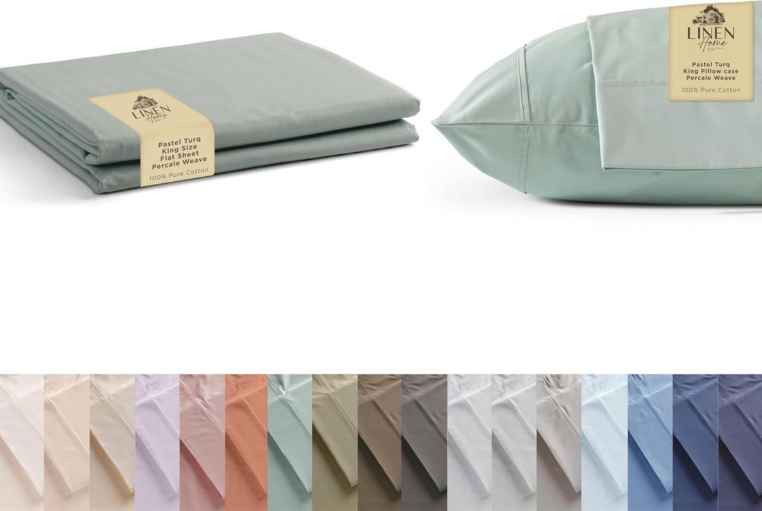 100% Cotton Percale 3-Piece Bedding Bundle- 1 Piece Flat Sheet + 2 Pieces of Pillowcase, Crisp and Cool Strong Bed Linen King, Pastel Turk