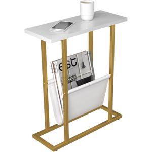 Yusong Small Narrow Side Table for Small Spaces, 17.7" W Slim End Table Magazine Table Nighstand with Storage Holder, Accent Skinny Snack Couch Bedside Table, Gold White, Complete Iron Pipes