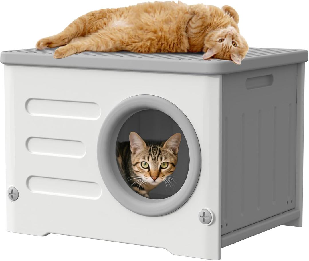 Outdoor Cat House Weatherproof&Insulated,Plastic Waterproof Elevated Cat Shelter Stackable Pet House Cat Wave for Outdoor Indoor Use with Bed CushionGrey