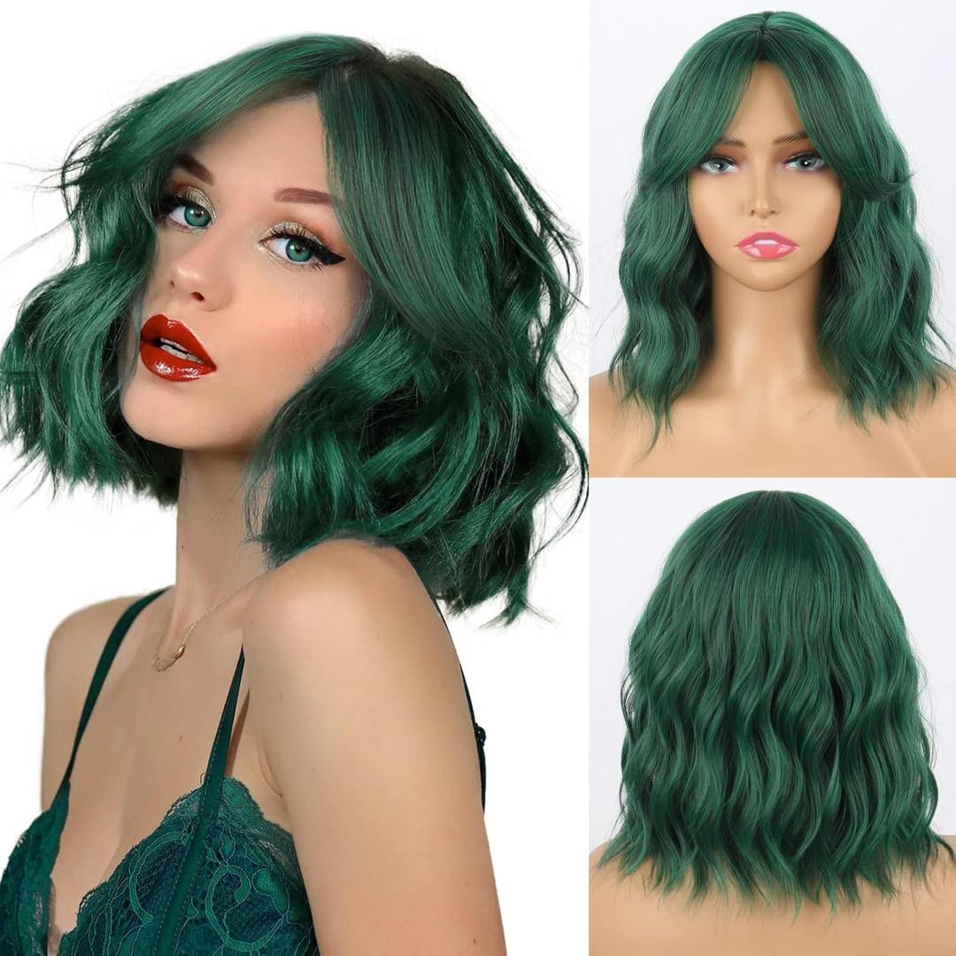 Dark Green Wavy Bob Wig with Curtain Bangs Synthetic Short Green Curly Bob Wigs with Bangs for Women Curly Wavy Natural Hair Shoulder Length for Women