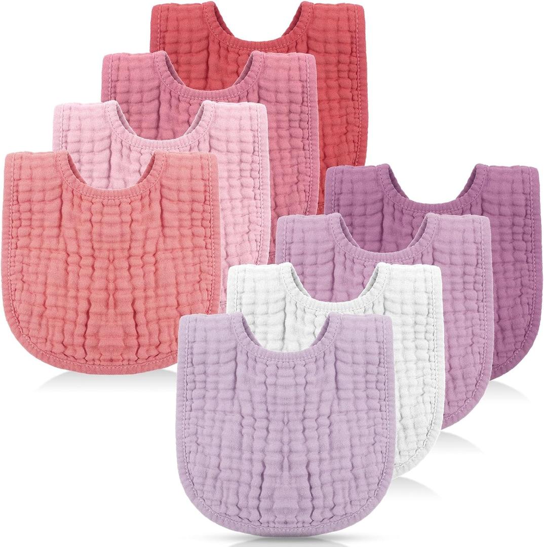 Frienda 8 Pcs Muslin Baby Bibs Cotton Bandana Drool Bibs Bulk for Newborn Infant 6 Absorbent Layers Feeding Accessory (Pink Purple Colors)