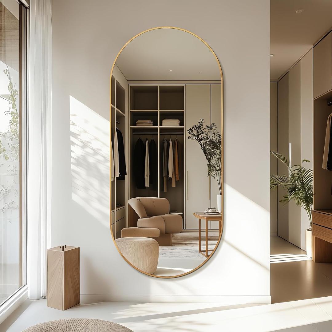 Oval Full Length Mirror, 71"32" Wall-Mounted Floor Mirror with Metal Frame, Ultra-Clear Explosion-Proof Dressing Mirror, Simple and Classic Deco for Cloakroom/Bedroom/Living Room, Gold