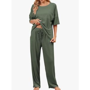 JiniGolla Womens Pajama Sets Waffle Knit Short Sleeve Shirt with Long Pajama Pants Soft Sleepwear Pj Lounge Sets, L