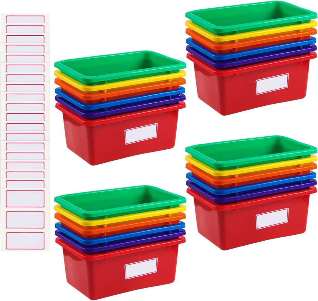 Outus 24 Pack Book Bins for Classroom Plastic Cubby Storage Bins Colored Kids Toy Organizer Container with 120 Pcs Self Adhesive Label for Student Teacher Library School Office Home(Rainbow Color)