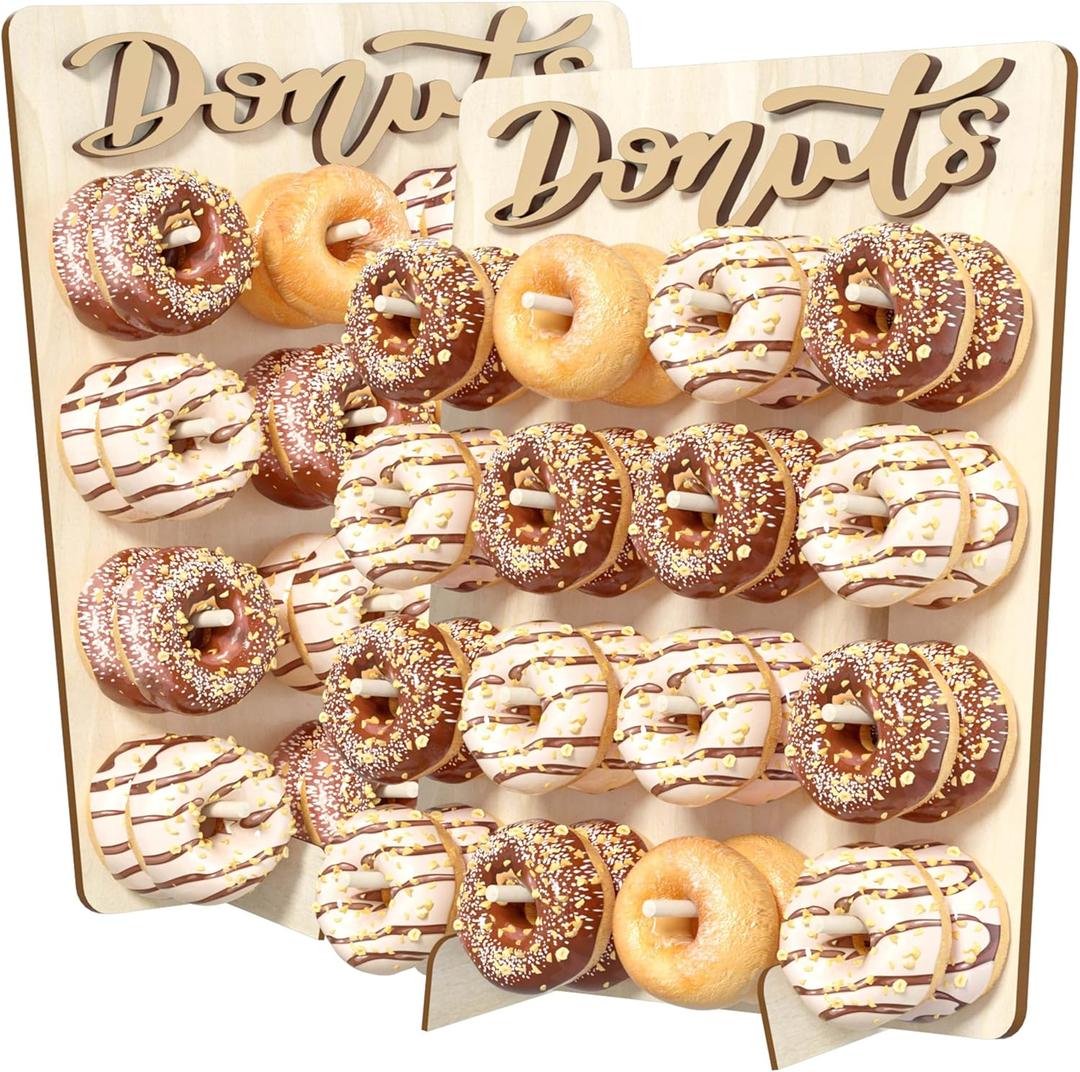 Donut Wall Display Stand, 2PCS Wooden Doughnut Holder Display 32 Donuts, Donut Holder Board for Donut Grow Up Party, Birthday, Wedding, Baby Shower, Donut Party Decorations (Natural) (13.4x17.7 inch)
