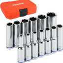 1/4" Drive SAE Master Socket Set, 13-Piece Deep Hex Socket Set (1/8" - 5/8"), Cover Most Commonly Sizes, 6 Point, Chrome Vanadium Steel with Molded Case