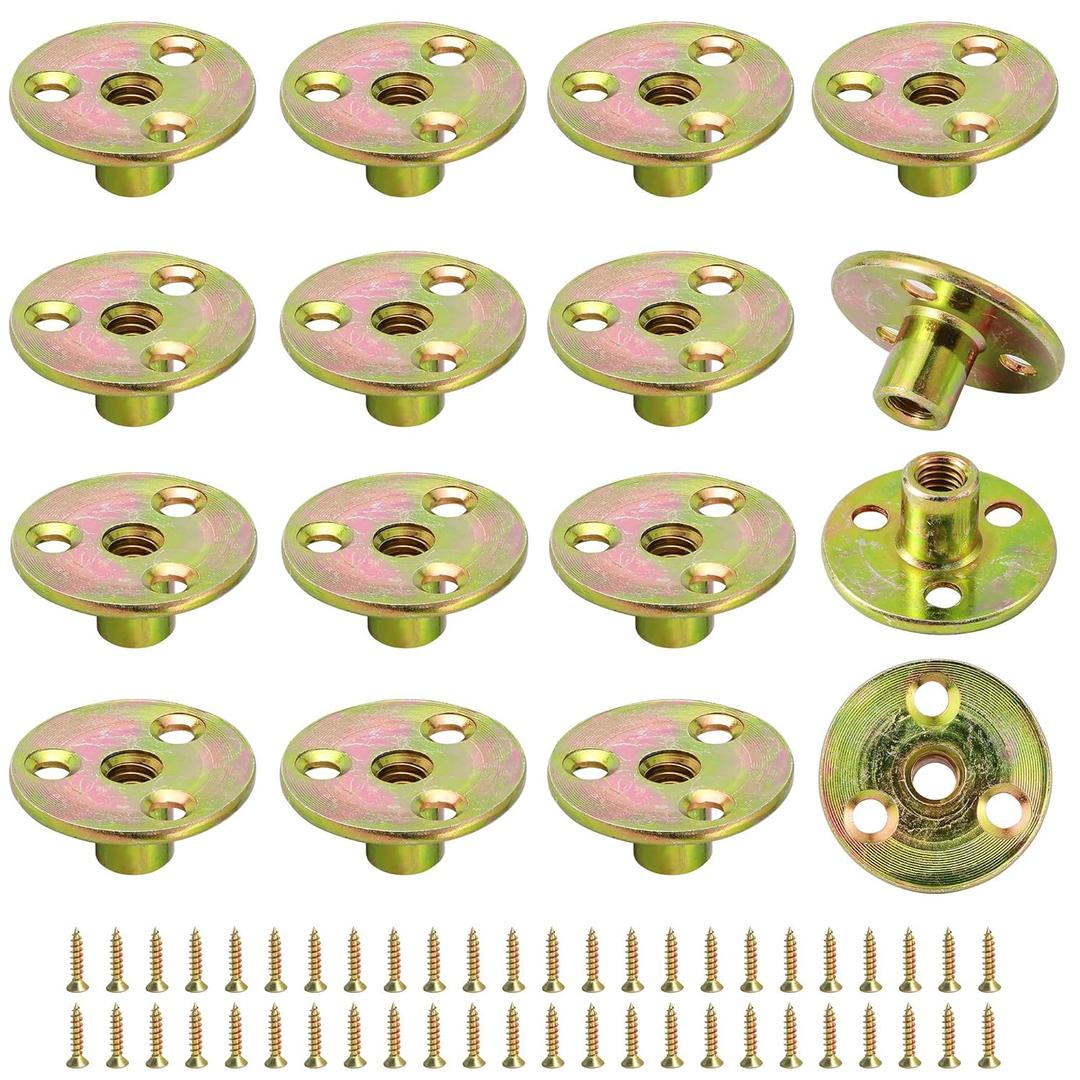 1/4"-20 Brad Hole T-Nut with Screws, Zinc Plated Carbon Steel 3-Hole T-Nuts, Insert Female Thread Mounting Fastener for Wood Furniture and DIY Project