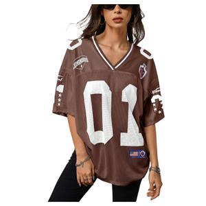 RoseSeek Women's Y2k Football Jersey Shirts V Neck Mesh Oversized Tshirts (Brown, M)