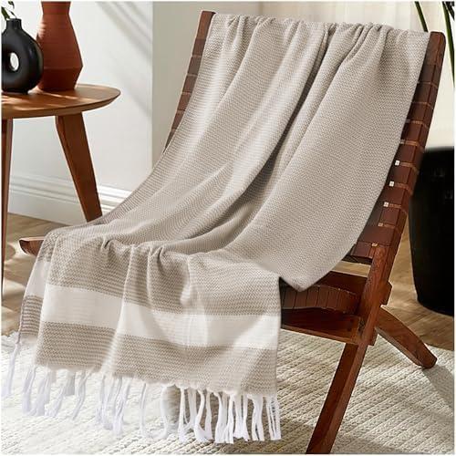 Lightweight Woven Throw Blanket Cotton Large Soft for Chair Couch Sofa Bed Festival Decorative Summer Manta para Beige Neutral Fall Farmhouse Antique Vintage Primitive Cottage Nursery Decor Beige