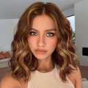 134 Brown Highlight Wig for Women14Inch Brown Blonde Lace Hailine Wigs Middle Part Synthetic Lace Front Bob Wigs Synthetic Wig for Daily Party Use