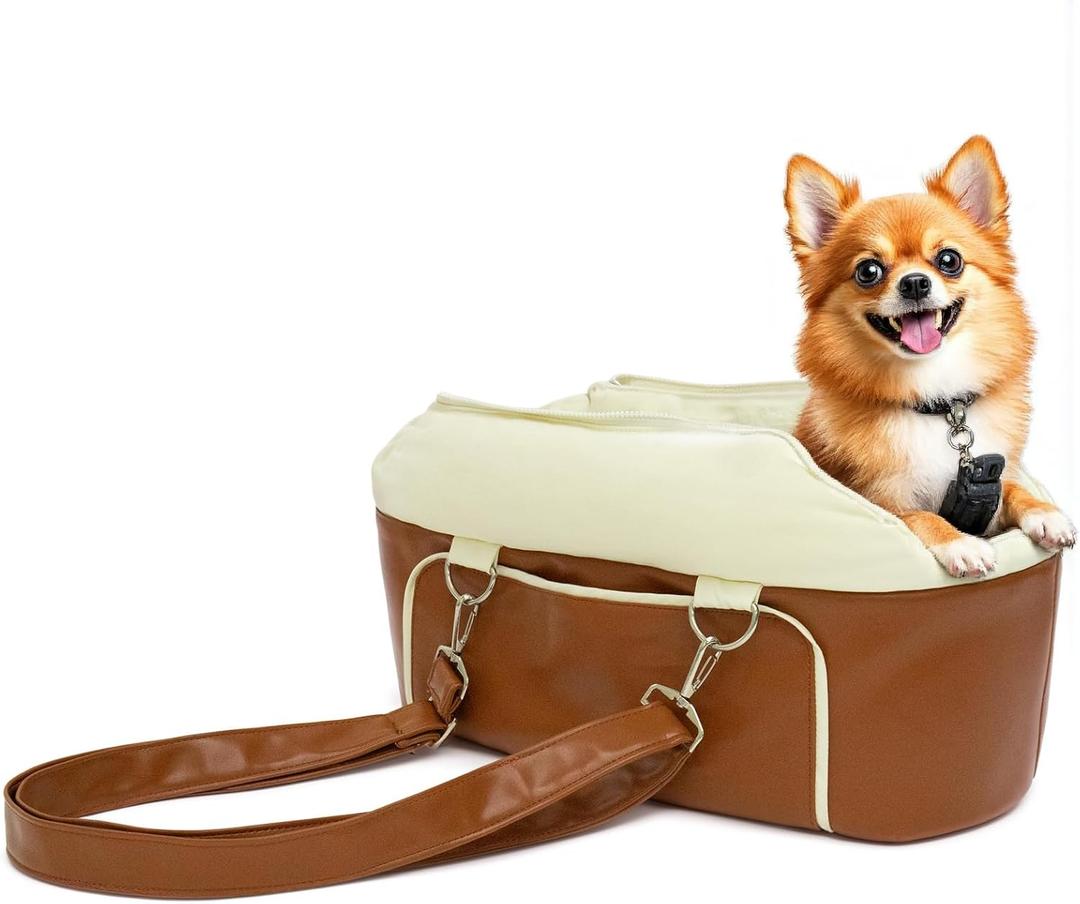 Dog Car Seat for Small Dogs, Washable Dogs Bed with Non-Slip Base, Waterproof Dog Booster Seat for Car with Storage Pockets, Pet Carseat Puppy Travel Carrier Bed (Brown)