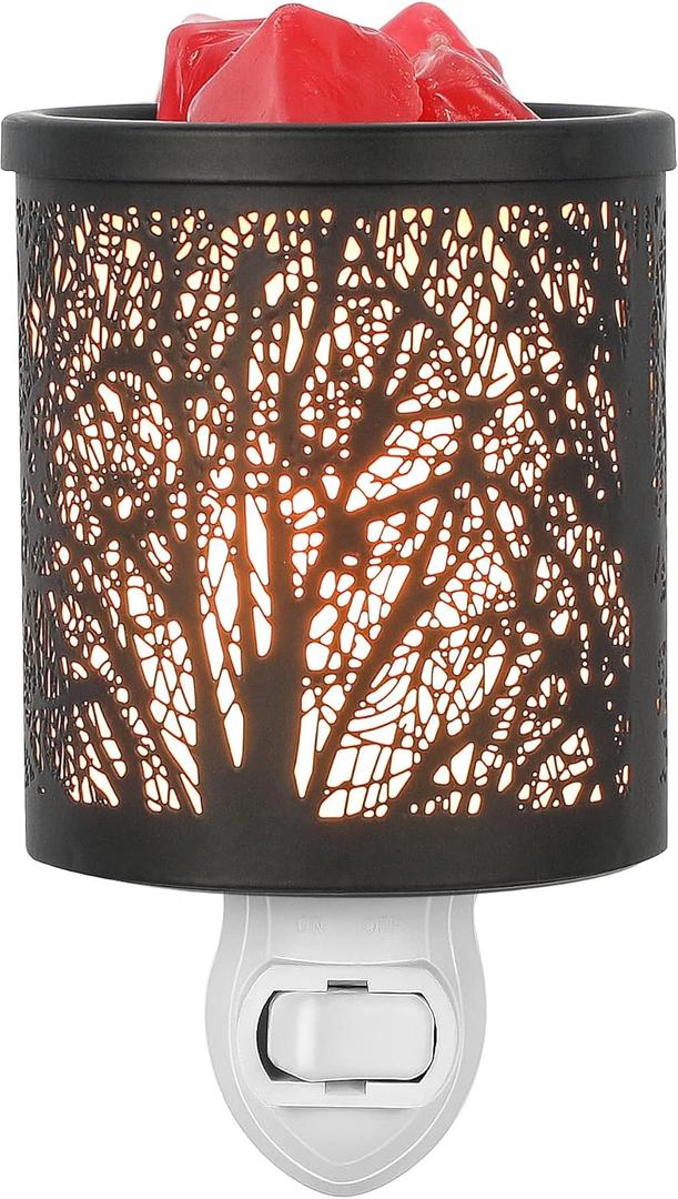 inrorans Wall Plug in Wax Warmer Metal Black Wax Burner with Removable Dish, Fragrance Oil Warmer Night Light for Home Bedroom Room(Black Forest Tree Pattern)