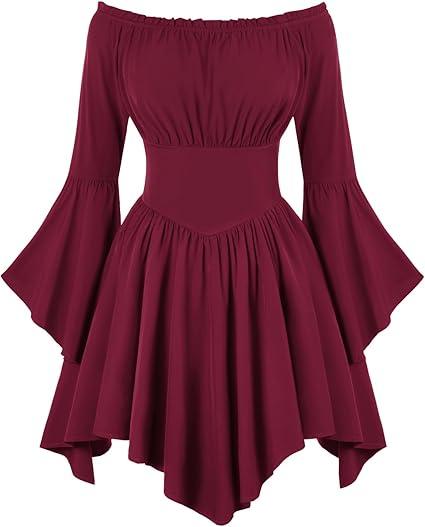 Scarlet Darkness Renaissance Costume Women Pirate Peasant Off Shoulder Bell Sleeve Fairy Dress (Large, Red)