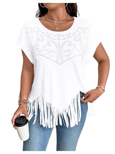 SHENHE Women's Plus Size Tops Fringe Rhinestone Cowgirl Short Sleeve Crew Neck Shirts Casual Soft Blouse White 4X-Large Plus